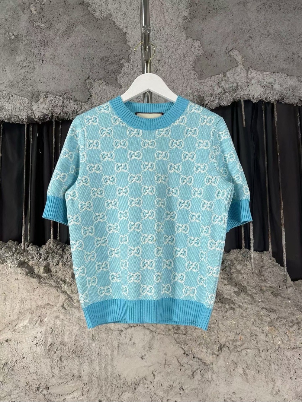 🚩steal Gucci Aqua Blue Short Sleeve GG Knit Top